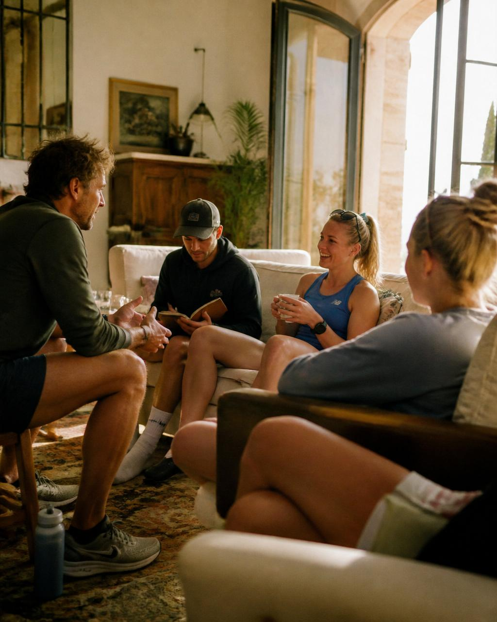 Athletes chatting in the villa living room