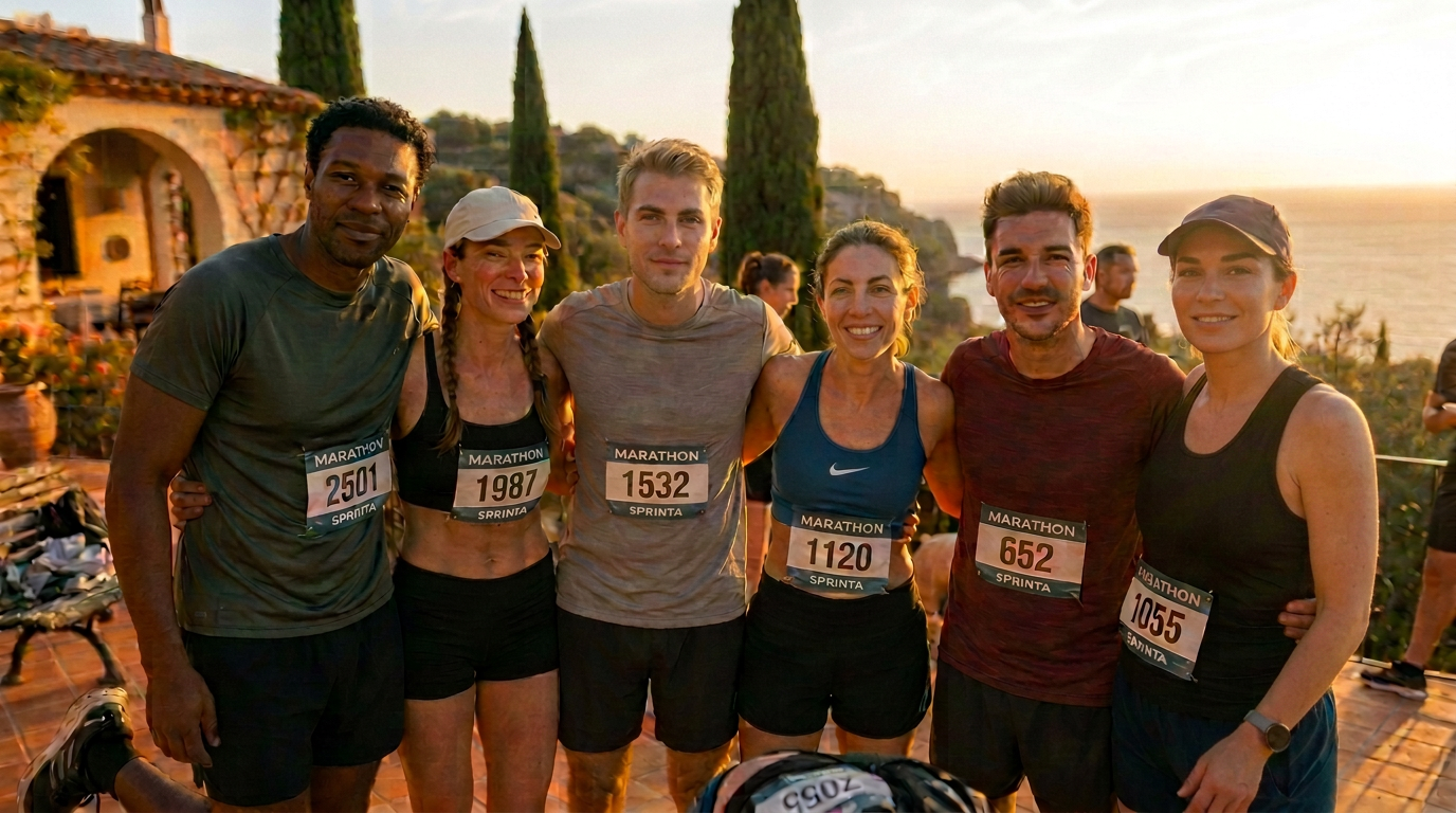 Runners gathered on a villa terrace at sunset